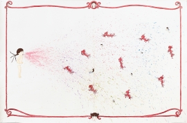 Artwork by Kyung Jeon titled Red Death Fairies, 2006, Gouache, graphite, watercolor on rice paper on canvas, 35.25 x 53.25 inches, 89.5 x 135.3 cm