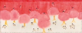 Artwork by Kyung Jeon titled The Perception of Happiness, 2006, Gouache, graphite, watercolor on rice paper on canvas, 36.75 x 90.5 inches, 93.3 x 229.9 cm
