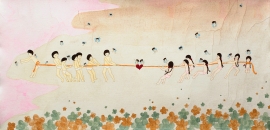 Artwork by Kyung Jeon titled Tug of War, 2006, Gouache, graphite, acrylic ink, watercolor on rice paper on canvas, 22.5 x 46 inches, 57.2 x 116.8 cm