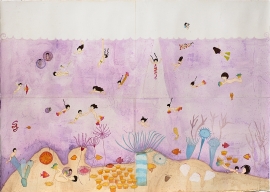 Artwork by Kyung Jeon titled Underwater, 2006, Gouache, graphite, watercolor, acrylic ink on rice paper on canvas, 50.75 x 70.75 inches, 128.9 x 179.7 cm