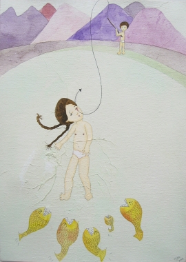 Artwork by Kyung Jeon titled Baiting the Hook, 2006, Gouache, graphite, ink, watercolor on rice paper on canvas, 13 x 9.5 inches, 33 x 24.1 cm