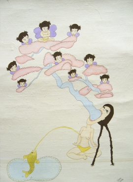 Artwork by Kyung Jeon titled Bonsai Garden, 2006, Gouache, graphite on rice paper on linen, 13 x 9.5 inches, 33 x 24.1 cm