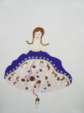 Artwork by Kyung Jeon titled Cord Under Her Dress, 2006, Gouache, graphite, watercolor on rice paper on canvas, 13 x 9.5 inches, 33 x 24.1 cm