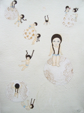 Artwork by Kyung Jeon titled Falling White and Gold, 2006, Gouache, graphite, acrylic ink on rice paper on canvas, 13 x 9.5 inches, 33 x 24.1 cm