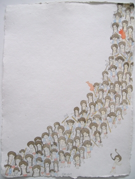 Artwork by Kyung Jeon titled Attack of the Villagers, 2007, Watercolor, graphite on cotton paper, 12 x 9 inches, 30.5 x 22.8 cm