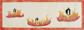Artwork by Kyung Jeon titled Blazed at the Stake, 2007, Gouache, graphite, watercolor on rice paper on canvas, 25.25 x 69.25 inches, 64.1 x 175.9 cm