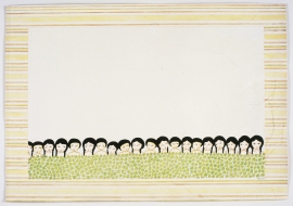Artwork by Kyung Jeon titled Green Heads, 2007, Gouache, graphite, watercolor on rice paper on canvas, 17.5 x 25 inches, 44.5 x 63.5 cm