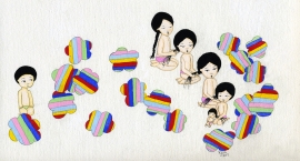 Artwork by Kyung Jeon titled Hair Braiding History, 2007, Gouache, graphite on rice paper on canvas, 5 x 10 inches, 12.7 x 25.4 cm