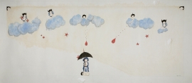 Artwork by Kyung Jeon titled Umbrella, 2007, Gouache, graphite, watercolor on rice paper on canvas, 23.375 x 52.6 inches, 59.4 x 133.7 cm