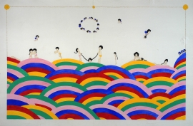 Artwork by Kyung Jeon titled Vultures Circling, 2007, Gouache, graphite on rice paper on canvas, 35 x 53 inches, 88.9 x 134.6 cm