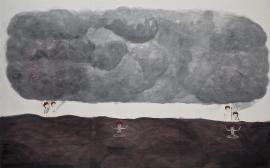 Artwork by Kyung Jeon titled Chapter 4-Ugly thoughts invade, 2008, Gouache, graphite, watercolor on rice paper on canvas, 43.75 x 69.75 inches, 111.1 x 177.2 cm