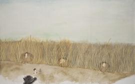 Artwork by Kyung Jeon titled Chapter 9-Curtains of Long Grass Hide Nightmares and Tragic Secrets, 2008, Gouache, graphite, watercolor on rice paper on canvas, 43.75 x 69.75 inches, 111.1 x 177.2 cm