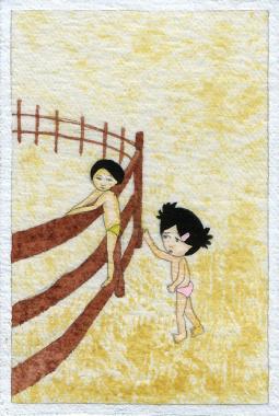 Artwork by Kyung Jeon titled Photo Album: Girl with Pink Barrette - Fence, 2008, Gouache, graphite, watercolor on rice paper on canvas, 4.5 x 3 inches, 11.4 x 7.6 cm