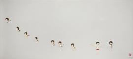 Artwork by Kyung Jeon titled Girls Run Away, 2008, Gouache, graphite on rice paper on canvas, 23.38 x 52.25 inches, 59.4 x 132.7 cm