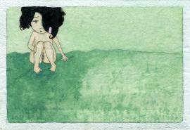 Artwork by Kyung Jeon titled Photo Album: Girl with Pink Barrette - Green Naked, 2008, Gouache, graphite, watercolor on rice paper on canvas, 3 x 4.375 inches, 7.6 x 11.1 cm