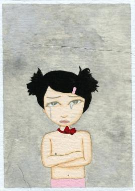 Artwork by Kyung Jeon titled Photo Album: Girl with Pink Barrette- Red Bow Crying Class Photo, 2008, Gouache, graphite, watercolor on rice paper on canvas, 7 x 5 inches, 17.8 x 12.7 cm