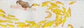 Artwork by Kyung Jeon titled Little Treasures - School of Fish, 2008, Gouache, graphite, watercolor on rice paper on canvas, 4 x 12 inches, 10.2 x 30.5 cm