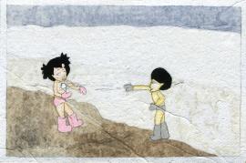 Artwork by Kyung Jeon titled Photo Album: Girl with Pink Barrette - Snowball, 2008, Gouache, graphite, watercolor on rice paper on canvas, 3 x 4.5 inches, 7.6 x 11.4 cm