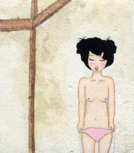 Artwork by Kyung Jeon titled Photo Album: Girl with Pink Barrette - Taking Off Panties, 2008, Gouache, graphite, watercolor on rice paper on canvas, 4 x 3.5 inches, 10.2 x 8.9 cm
