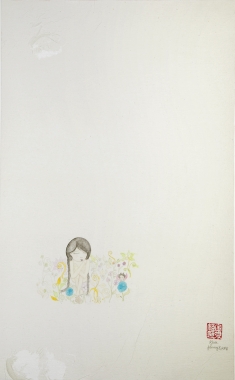 Artwork by Kyung Jeon titled Waiting, 2008, Gouache, graphite, watercolor, acrylic ink on rice paper on canvas, 21.375 x 13.25 inches, 54.3 x 33.7 cm