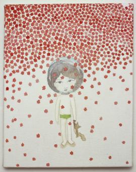 Artwork by Kyung Jeon titled Astronaut With Cat, 2009, Watercolor and pencil on rice paper/canvas/panel, 14 x 11 inches, 35.6 x 27.9 cm