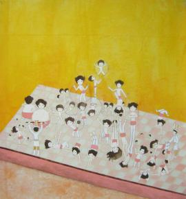 Artwork by Kyung Jeon titled Karnival Acrobats, 2009, Gouache, watercolor, graphite on rice paper on canvas, 31.75 x 29.375 inches, 80.6 x 74.6 cm