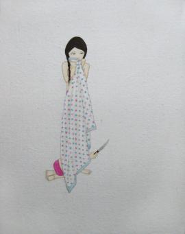Artwork by Kyung Jeon titled Baby Blanket Security, 2011, Gouache, watercolor, pencil on rice paper on canvas, 10 x 8 inches, 25.4 x 20.3 cm