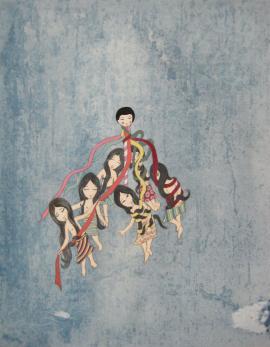 Artwork by Kyung Jeon titled Karnival Maypole Long Hair, 2011, Watercolor, gouache and pencil on rice paper on canvas on wood panel, 14 x 11 inches, 35.6 x 27.9 cm