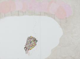 Artwork by Kyung Jeon titled Podegi Pied Pipress & Pink Trees, 2012, Watercolor on rice paper on canvas, 30 x 40 inches, 76.2 x 101.6 cm