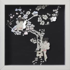 Artwork by Kyung Jeon titled Shadowbox: Fairies Mother of Pearl, 2012, Acrylics, watercolor, pencil on paper, 11.125 x 11.125 inches, 28.3 x 28.3 cm