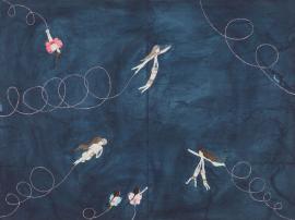 Artwork by Kyung Jeon titled Deep Blue Rescue, 2012, Watercolor, gouache, pencil on rice paper on canvas, 30 x 40 inches, 76.2 x 101.6 cm