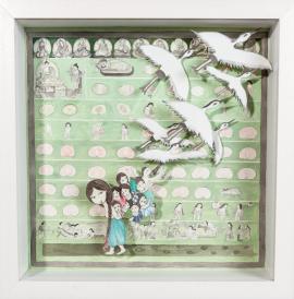 Artwork by Kyung Jeon titled Shadowbox: A Thousand Cranes & Tibetan Human Embryology, 2012 Watercolor, gouache, pencil on paper 11.125 x 11.125 inches, 28.3 x 28.3 cm