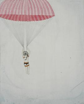 Artwork by Kyung Jeon titled Waterlilies Gliding Pink Parachute, 2012, Watercolor, gouache and pencil on rice paper on canvas on wood panel, 24 x 18 inches, 61 x 45.7 cm