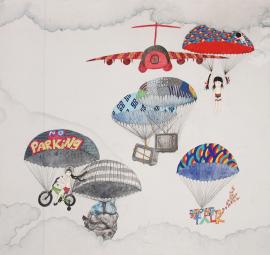 Artwork by Kyung Jeon titled Parachutes Introverts, Watercolor, acrylic, colored pencils, pencil on Hanji paper/canvas, 30 x 32 inches, 76.2 x 81.3 cm