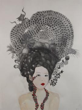 Artwork by Kyung Jeon titled Imagined Korean Updo Front with Dragon & Flower Tattoo, 2014, Pencil, acrylic gouache on Hanji paper/paper, 30 1/8 x 22 1/4 inches, 76.5 x 56.5 cm