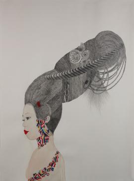 Artwork by Kyung Jeon titled Imagined Korean Updo Side Profile with Flower Tattoo, 2014, Pencil, acrylic gouache on Hanji paper/paper, 30 1/8 x 22 1/4 inches, 76.5 x 56.5 cm