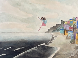 Artwork by Kyung Jeon titled La Borinqueña y La Perla, 2021, Watercolor and gouache on paper 18 x 24 inches, 45.7 x 60.1 cm